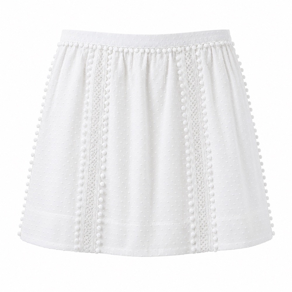 J.Crew Mini Skirt Crochet Lace White Cotton Swiss Dot Pom Pom Summer Boho 8 EUC - Picture 3 of 14